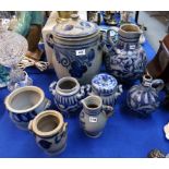 A collection of German blue glazed stoneware including jugs, pot etc Condition Report: Available