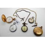 A lot comprising two rolled gold pocket watches, an omega pocket watch, two fob watches and two