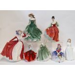 Seven Royal Doulton figures including Best Wishes, Fair lady, Mary, Fair Maiden, Monica, Joy and