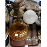 A brass oil lamp with amber glass shade etc Condition Report: Not available for this lot