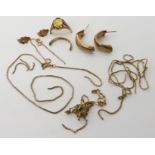 A collection of 9ct gold chains, a broken ring and earrings all (af) weight 14.6gms Condition