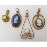 A 9ct Wedgwood pendant, a 9ct peridot and pearl pendant, a 9ct pearl pendant and a cameo pendant