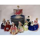 Eight small Royal Doulton figures, Royal Copenhagen year plates and a Coalport commemorative pot and