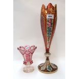 A Bohemian glass vase of tapering form with cut, painted and gilded decoration, 38cm high,