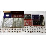 A lot comprising an album of UK coins some pre '47, coin sets, commemorative silver plaques etc