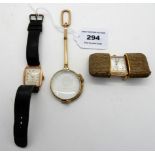 A lot comprising a gold cased Helvetia wristwatch, a sliding action pocket watch and a lorgnette