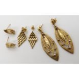 A pair of 9ct gold Victorian style drop earrings length 5cm and two other pairs of 9ct and yellow