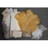 A pair of long kid gloves, ostrich feather fans and hair ornament, worn to court at Buckingham