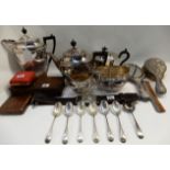 A tray lot of EP - tea service, set of scales, girl guide belt etc Condition Report: Available