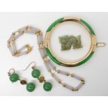 14k gold mounted Chinese green hardstone bangle, and earrings, lilac hardstone necklace and a
