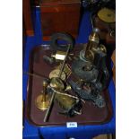 A brass microscope (def), various weights etc Condition Report: Available upon request