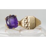 A 9ct gold signet ring size X1/2, and a 9ct gold amethyst ring size H1/2, weight together 8.2gms