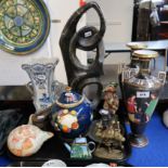 A Delft vase, a pair of Classical decorated vases, a pottery monkey candlestick, a Kelvin Chen
