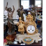 A pair of Grisard spelter figures of maidens, two others, a French alabaster and gilded clock etc