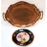 A J.S & S copper and brass Art Nouveau tray and a French porcelain plate with gilt decoration