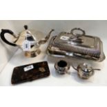 A tray lot ot EP - teapot, entree dish, faux tortoiseshell case Condition Report: Available upon