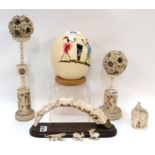 Two Chinese ivory puzzle balls on stands and other items Condition Report:
