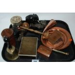 A tray lot including ebony elephant, horn, hand bell etc Condition Report: Available upon request