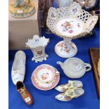 A Till ivy decorated teapot, a Meissen style tazza, a cabinet cup and saucer, a vase and various