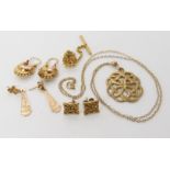 Three pairs of 9ct gold earrings, a yellow metal knotwork pendant with 9ct chain weight together 7.