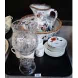 A cut crystal table lamp, Susie Cooper Cornpoppy coffeewares and a Mason's ironstone washbowl and