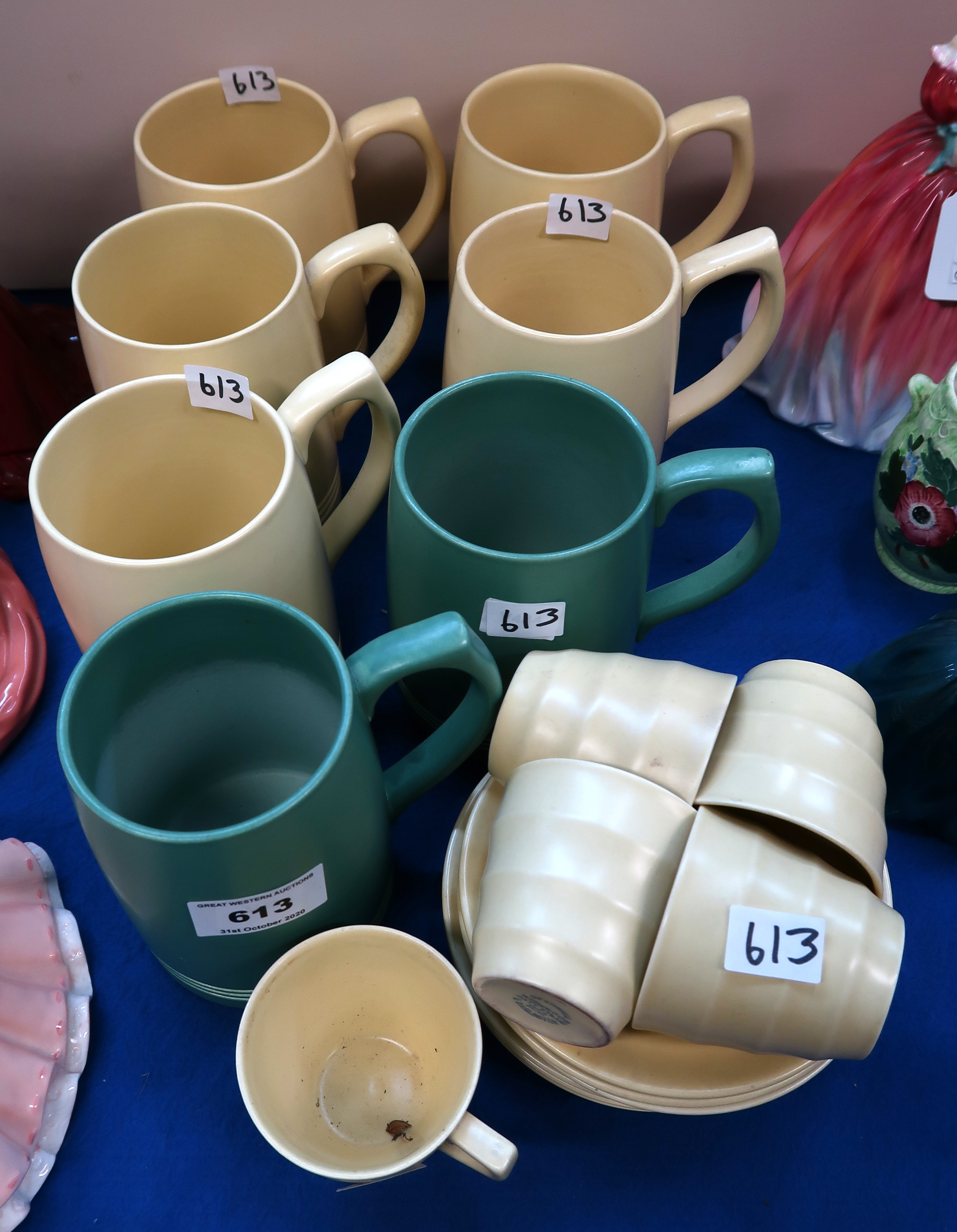 Five Keith Murray for Wedgwood Matt Straw glaze tankards, two green examples and five cups and six