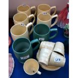 Five Keith Murray for Wedgwood Matt Straw glaze tankards, two green examples and five cups and six