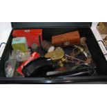 A box of miscellaneous including brass boxes, egg timers etc in metal deed box Condition Report: