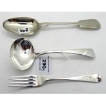 A lot comprising a silver sauce ladle, London 1802, a silver dessert spoon, London 1844 and a plated