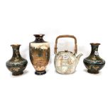 A Satsuma vase, a pair of cloisonne vases decorated with dragons and a pressed ceramic teapot