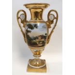 A hard paste porcelain two handled urn, painted to one side with a figure of a man and with a