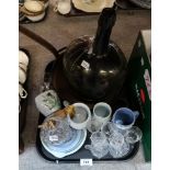 An antique green glass wine bottle, a copper pan and assorted other items Condition Report: Not
