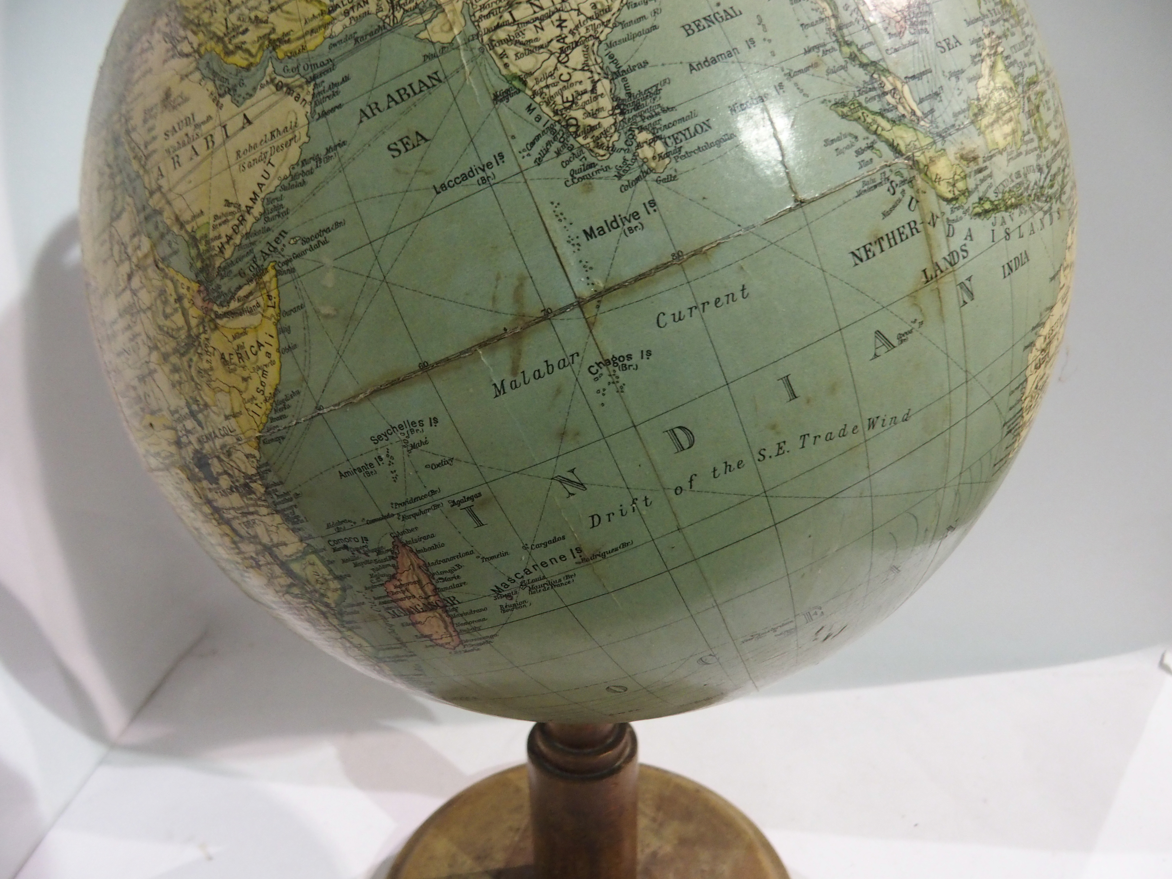 A 20th Century globe on stand, 52cm high and a green-painted fire extinguisher (2) Condition Report: - Image 5 of 7