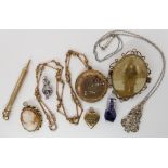 Gold plated items to include lockets a propelling pencil, cameo and other items Condition Report:
