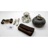 A lot comprising an inkwell modelled as a curling stone, another inkwell and a pair of opera glasses