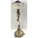 A silver plated oil lamp with cut glass reservoir (converted), 54cm high approx Condition Report: