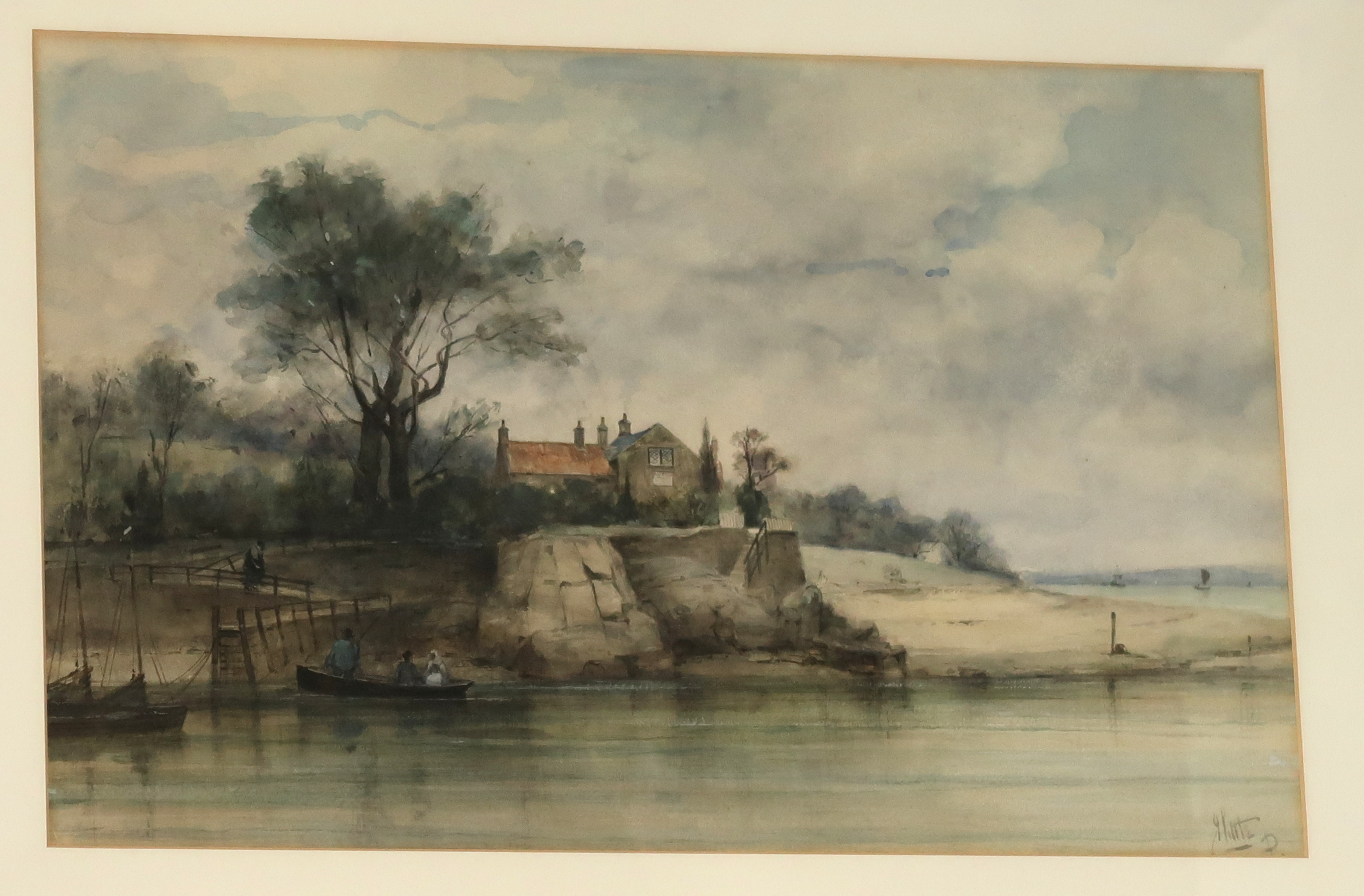 JAMES LITTLE Figures in a boat before a riverside inn, signed, watercolour, 26 x 40cm Condition