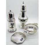 A lot comprising two silver sugar castors, Birmingham 1938 and 1952, a quaich style dish and a