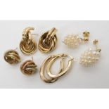 Four pairs of 9ct gold and yellow metal earrings one pair in the shape of bunches of grapes,