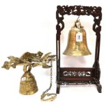 A Chinese bell on stand and a European brass door bell Condition Report: