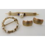 An Irish 9ct gold sapphire and pearl brooch, length 5.6cm, a 9ct gold pearl set brooch and a pair of