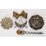 A silver Ola Gorie brooch, Scottish agate inlaid brooch, Cairngorm brooch and other items