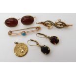 A 9ct pearl set brooch, another set with turquoise, 9ct garnet earrings, St. Christopher and other