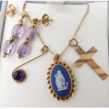 A 9ct gold Wedgwood pendant, two other 9ct pendants a chain and a pair of earrings weight combined