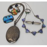 A Victorian silver locket dated Birmingham 1880, a Thomas Mott butterfly wing brooch and other items