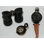 A Dollond compass in leather case, another compass, diver's example and pair of binoculars Condition