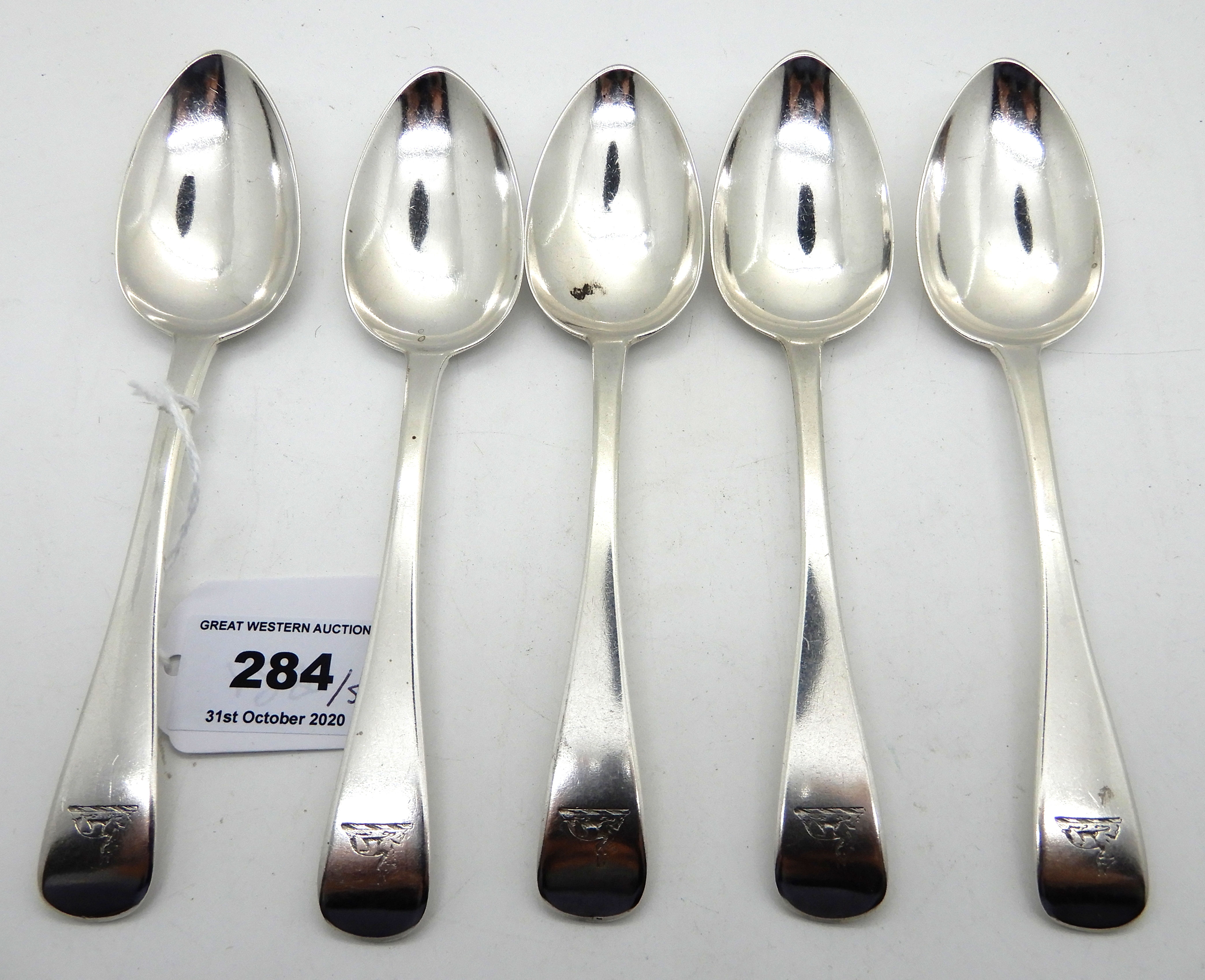 A part set of five silver dessert spoons, London 1831, 185gms Condition Report: Available upon