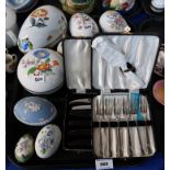 A collection of Meissen, Dresden and other porcelain egg trinket boxes, boxed dessert cutlery etc