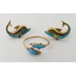 A pair of 18ct gold and turquoise dolphin earrings with a yellow metal matching expandable ring