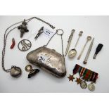 A lot comprising a silver purse, sovereign case, part baby rattle, pencil holders, WWII miniature
